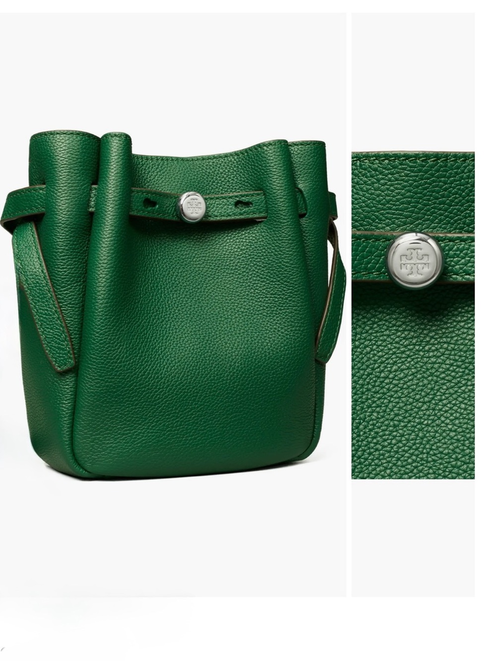 Tory Burch Romy Small Crossbody Dark Kale green Pebbled Leather Drawstring new